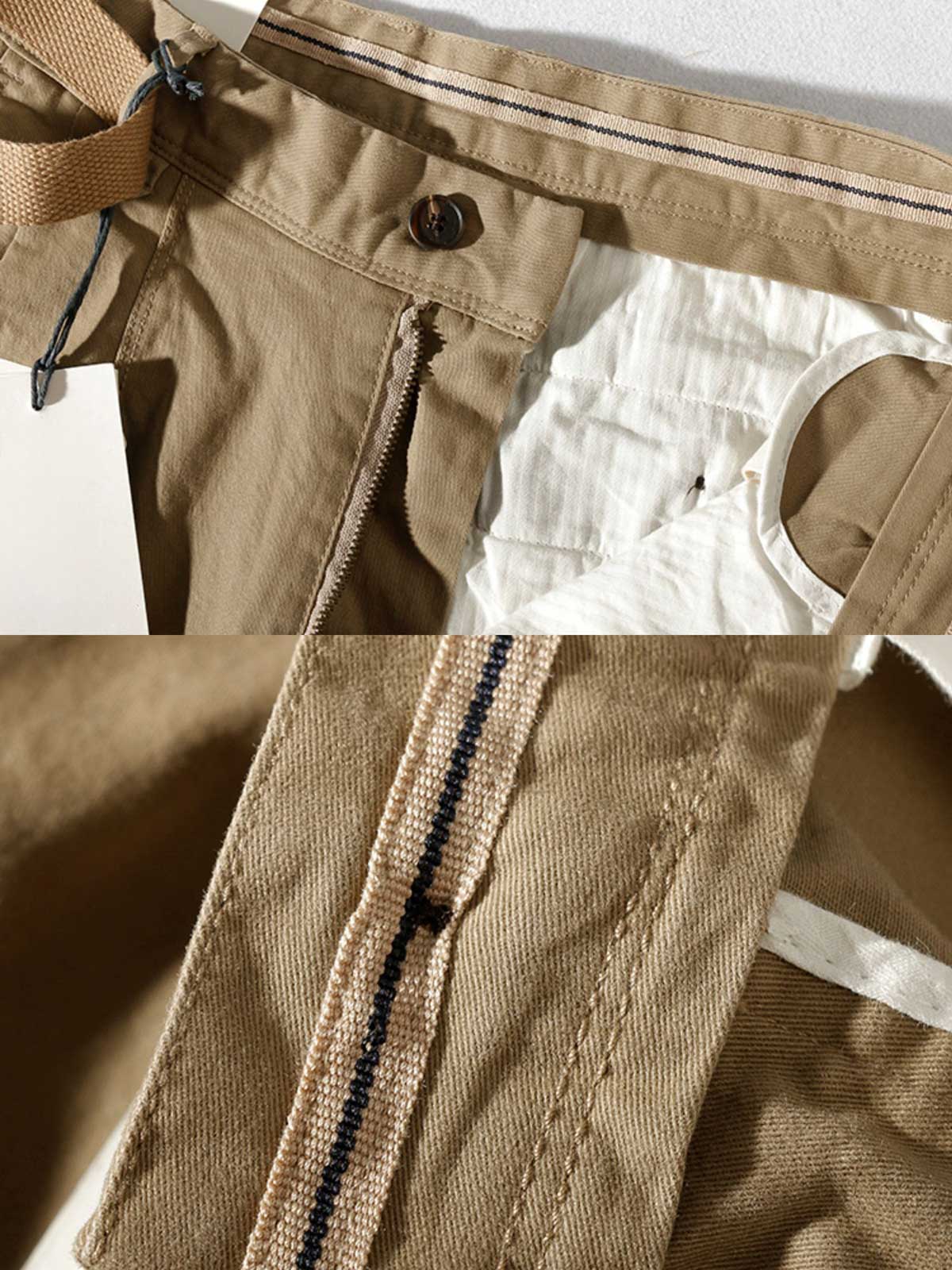 製品画像: ストレッチツイル9分丈テーパードパンツの正面展示画像、ウォッシュド加工で柔らかく快適な着心地を提供するカジュアルなデザイン。
詳細画像: 斜め織りのコットン生地とウォッシュド加工のディテール、ストレッチ素材で快適にフィットし、脚のラインをきれいに見せるテーパードシルエット。