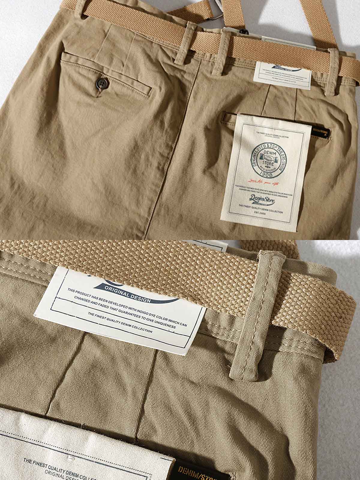 製品画像: ストレッチツイル9分丈テーパードパンツの正面展示画像、ウォッシュド加工で柔らかく快適な着心地を提供するカジュアルなデザイン。
詳細画像: 斜め織りのコットン生地とウォッシュド加工のディテール、ストレッチ素材で快適にフィットし、脚のラインをきれいに見せるテーパードシルエット。