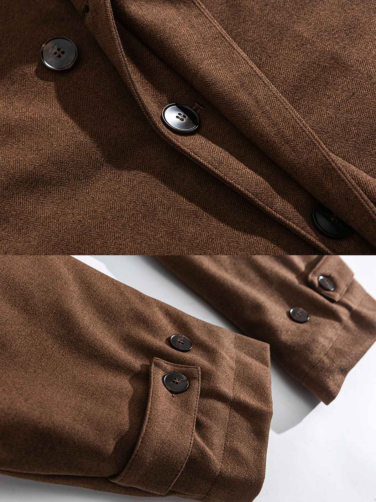 製品画像
「ブラックとコーヒーブラウンの2色展開ヘリンボーン柄中綿ロングコート全体像。クラシックなデザインと優れた保温性を備えた冬の必須アイテム」
詳細画像
「ヘリンボーン柄ロングコートのキルティング加工された内側とクラシックなボタンディテールのクローズアップ」