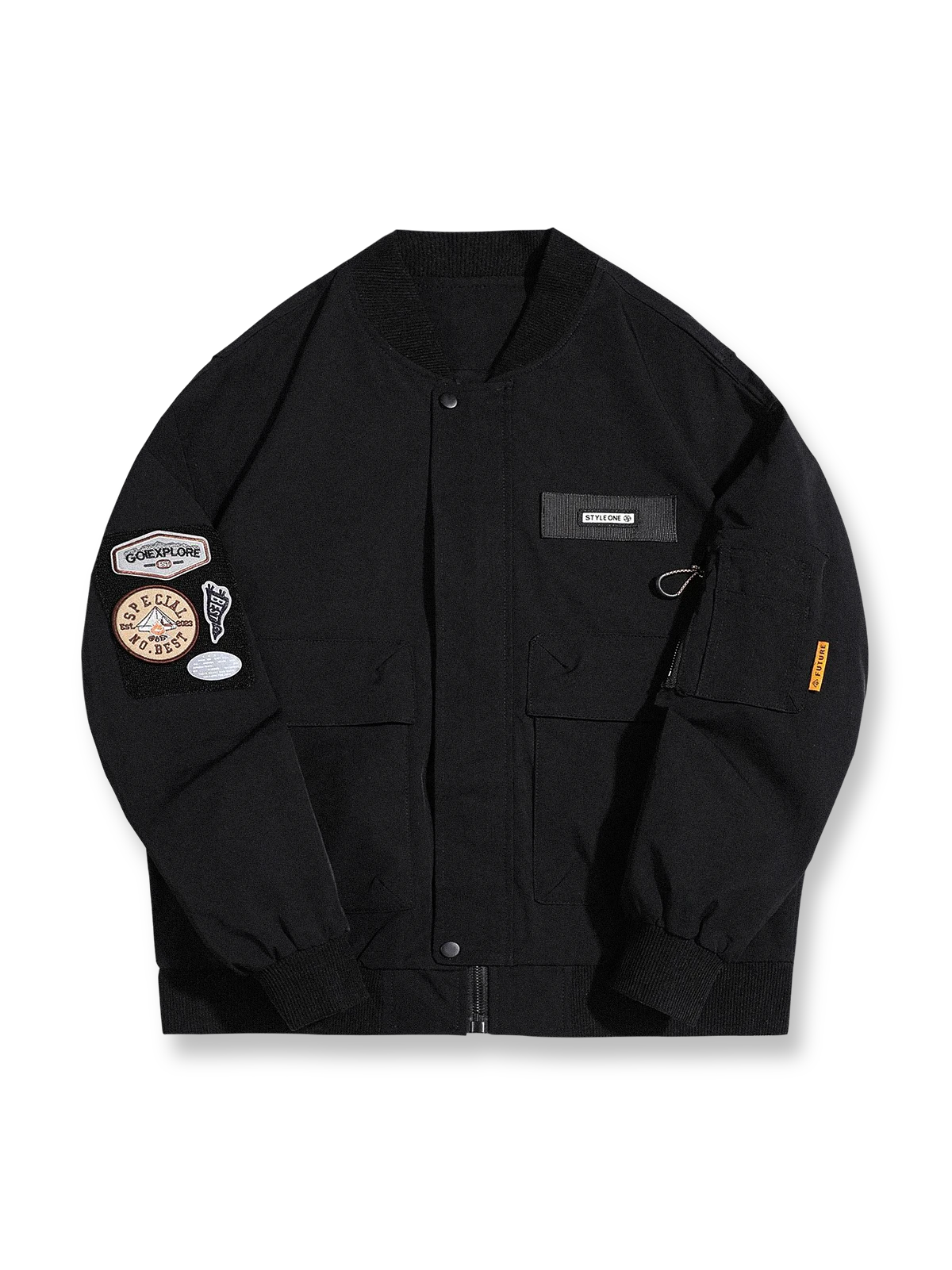 製品画像
クラシックなMA-1フライトジャケットの進化版。ミリタリースタイルと現代的な実用デザインを融合し、刺繍ワッペンや防風・撥水機能が特徴的。アウトドアにも対応できる実用的でファッション性の高いアイテム。
詳細画像
肩と腕に施された複数の刺繍ワッペンが、ミリタリー感を強調。特殊加工を施した生地が防風・撥水機能を提供し、リブ編みの袖口と裾が保温性を高めています。進化したMA-1デザインで、より機能的かつスタイリッシュ。