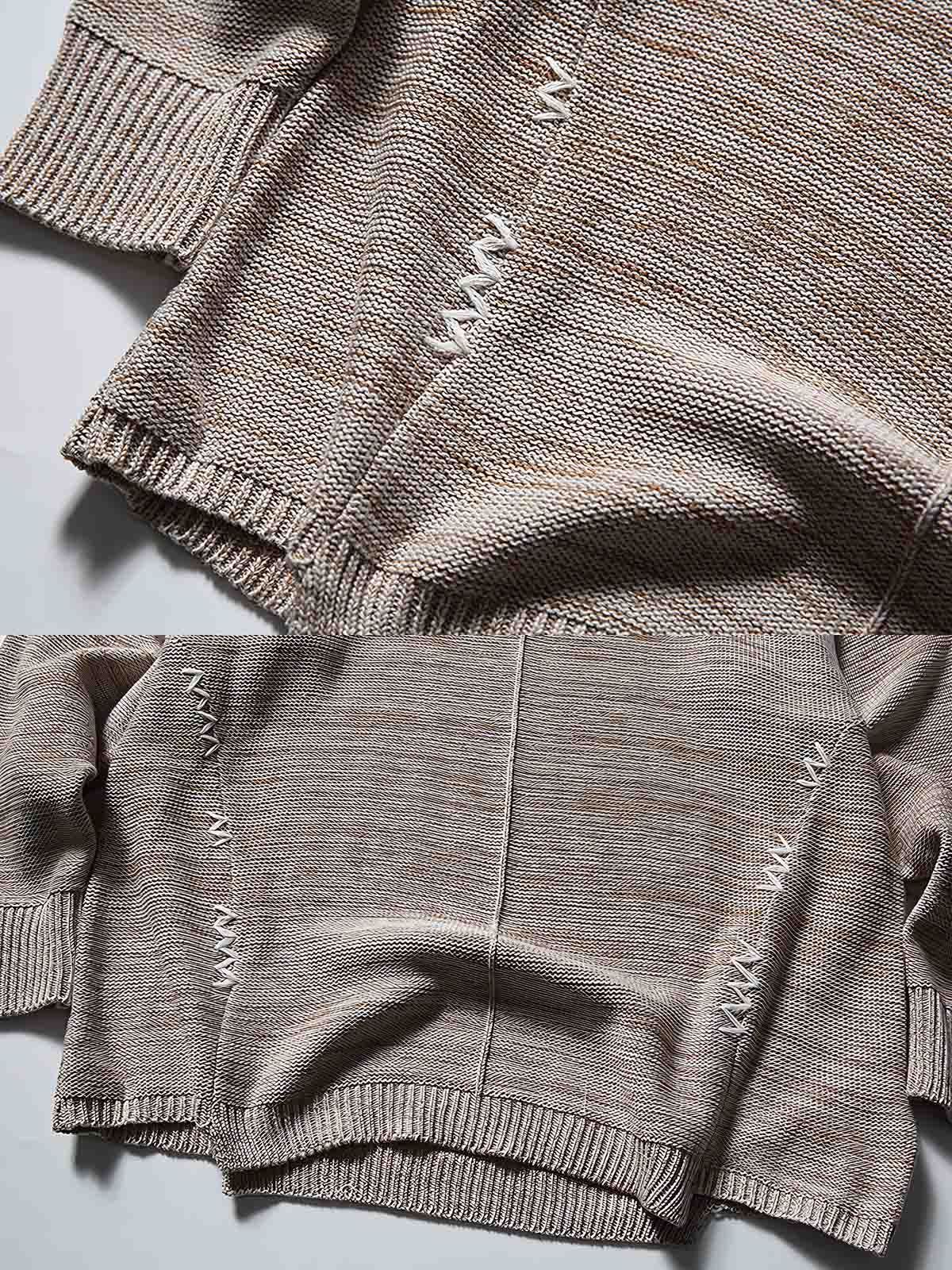 製品画像
グレージュ色とオリーブグリーンの切り替えデザインが特徴的なハンドステッチニットセーター、精緻な手作業で仕上げられ、アクリルとコットンの混紡素材で快適な着心地と暖かさを提供
詳細画像
精緻な手作業によるハンドステッチが施されたニットセーター、グレージュとオリーブグリーンの色のコントラストが美しく、アクリル50%とコットン50%の混紡素材で、肌触りが良く、通気性も優れたデザイン