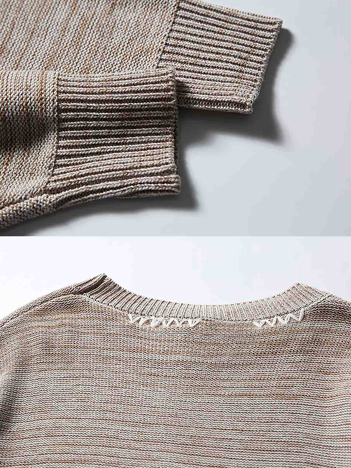 製品画像
グレージュ色とオリーブグリーンの切り替えデザインが特徴的なハンドステッチニットセーター、精緻な手作業で仕上げられ、アクリルとコットンの混紡素材で快適な着心地と暖かさを提供
詳細画像
精緻な手作業によるハンドステッチが施されたニットセーター、グレージュとオリーブグリーンの色のコントラストが美しく、アクリル50%とコットン50%の混紡素材で、肌触りが良く、通気性も優れたデザイン