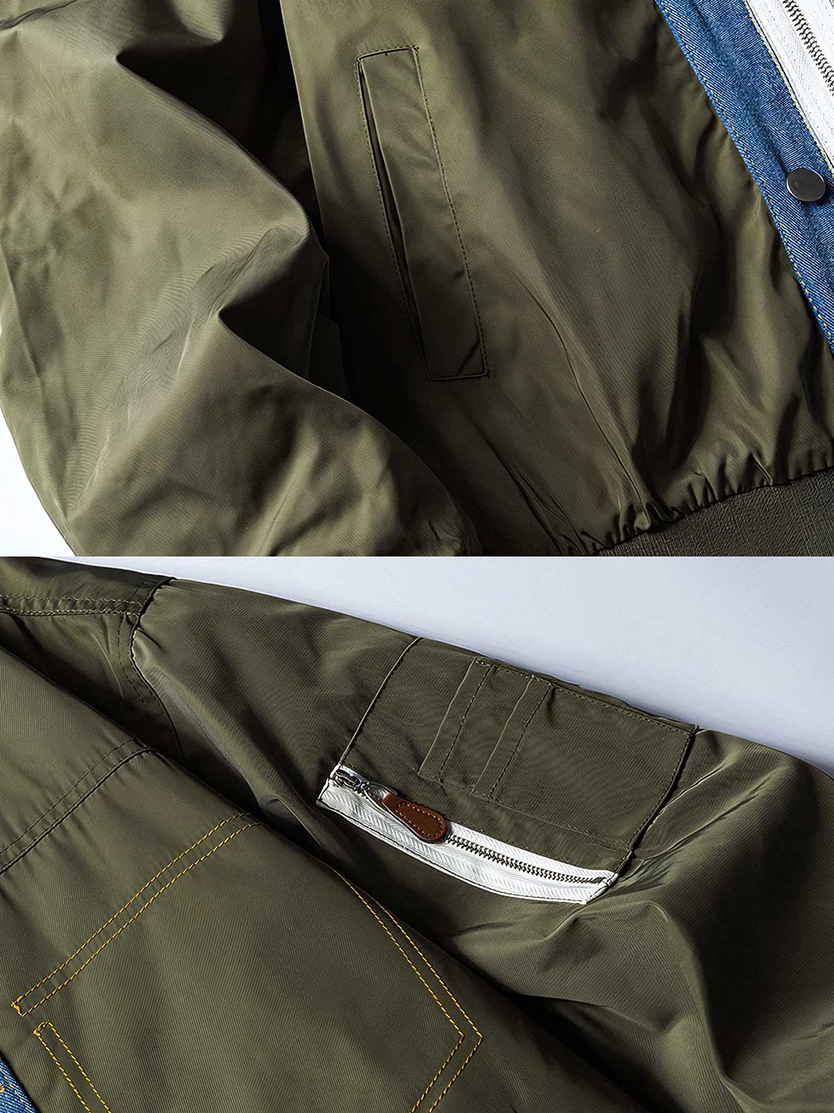 製品画像:
フライトジャケットとデニムの要素を融合したパッチワークデザイン。クラシックなフライトジャケットのカッティングに、デニム素材のラペルと前立てを組み合わせ、個性的で鮮明なレイヤード感を演出。耐久性のある素材で仕立てられ、秋冬シーズンに適した防風性を持つ多用途ジャケット。
詳細画像:
デニムとフライトジャケットを融合させたユニークなパッチワークデザイン。伸縮性のある袖口と裾で快適な着心地を提供し、機能的なポケットが実用性を兼ね備える。耐久性のある表地で、風を防ぎつつ、秋冬の季節に最適。