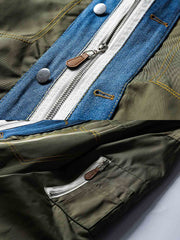 製品画像:
フライトジャケットとデニムの要素を融合したパッチワークデザイン。クラシックなフライトジャケットのカッティングに、デニム素材のラペルと前立てを組み合わせ、個性的で鮮明なレイヤード感を演出。耐久性のある素材で仕立てられ、秋冬シーズンに適した防風性を持つ多用途ジャケット。
詳細画像:
デニムとフライトジャケットを融合させたユニークなパッチワークデザイン。伸縮性のある袖口と裾で快適な着心地を提供し、機能的なポケットが実用性を兼ね備える。耐久性のある表地で、風を防ぎつつ、秋冬の季節に最適。