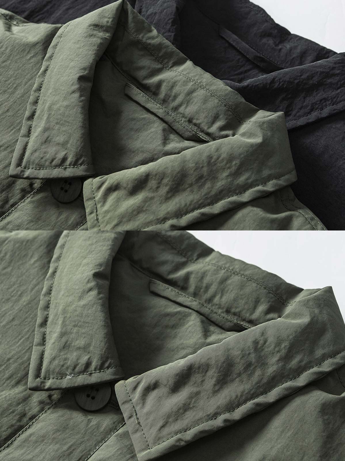 製品画像
「シワ感 開襟 ワーク 中綿ジャケットの全体像。クラシックな開襟デザインとシワ感素材が特徴の防風・保温性に優れたレトロワークスタイルジャケット」
詳細画像
「シワ感 開襟 ワーク 中綿ジャケットの胸ポケットと開襟デザインのディテール。耐久性と実用性を兼ね備えた素材感のクローズアップ」