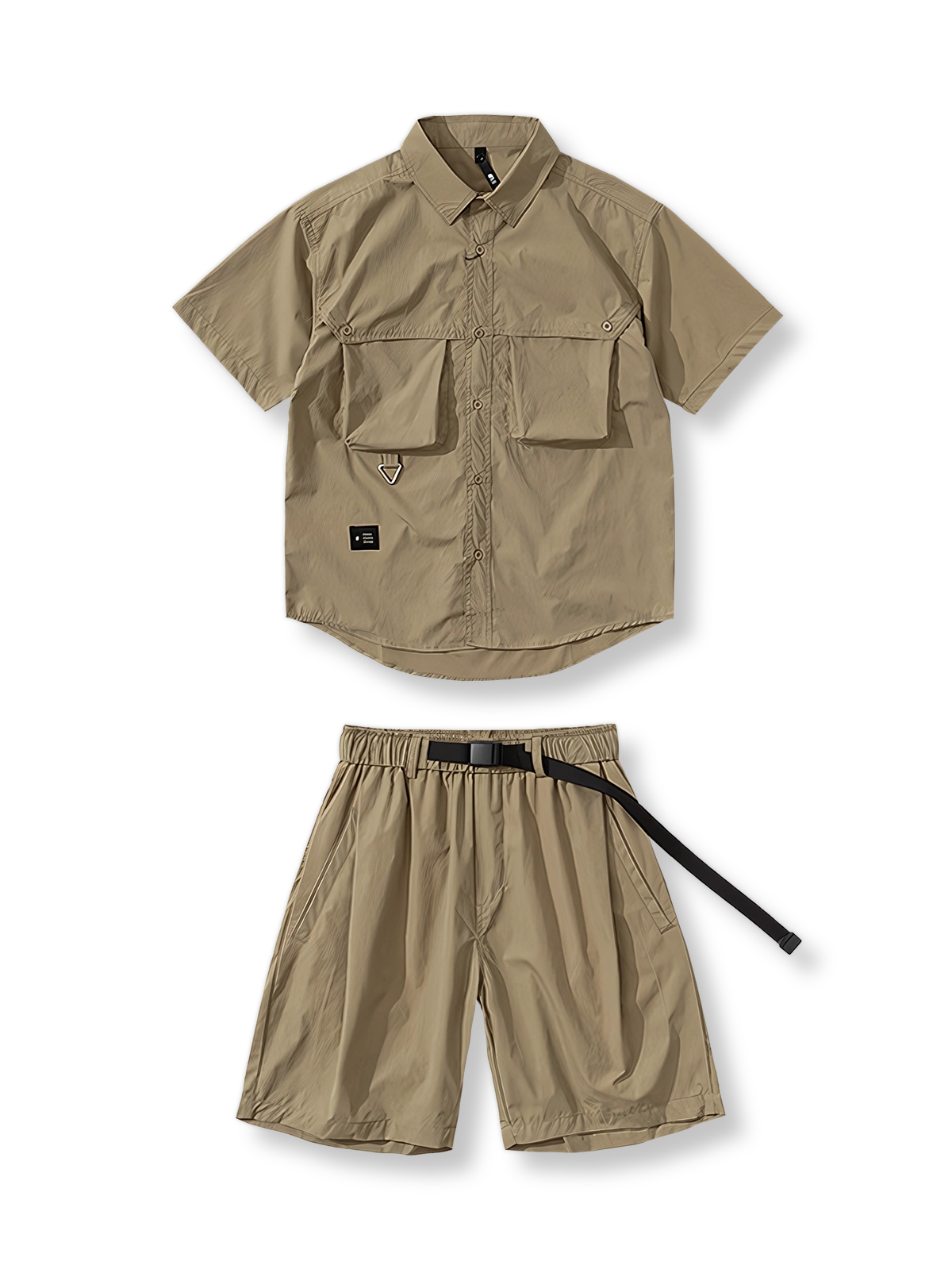 ブルーのワークスタイル機能的半袖ショーツセットの正面展示