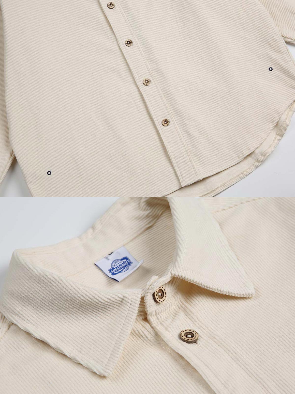 製品画像
ウォッシュ加工が施されたヴィンテージ感あふれるシャツ全体図。柔らかな生地の質感とココナッツ製ボタンの自然な風合いが際立つデザインで、ネイティブアメリカンのトーテム刺繍がアクセント
詳細画像
天然のココナッツ製ボタンと、背面に丁寧に施されたインディアンテントモチーフのトーテム刺繍のディテール。ウォッシュ加工による独特のヴィンテージ感と、18針/3cmの高密度縫製が美しい仕上がりを実現