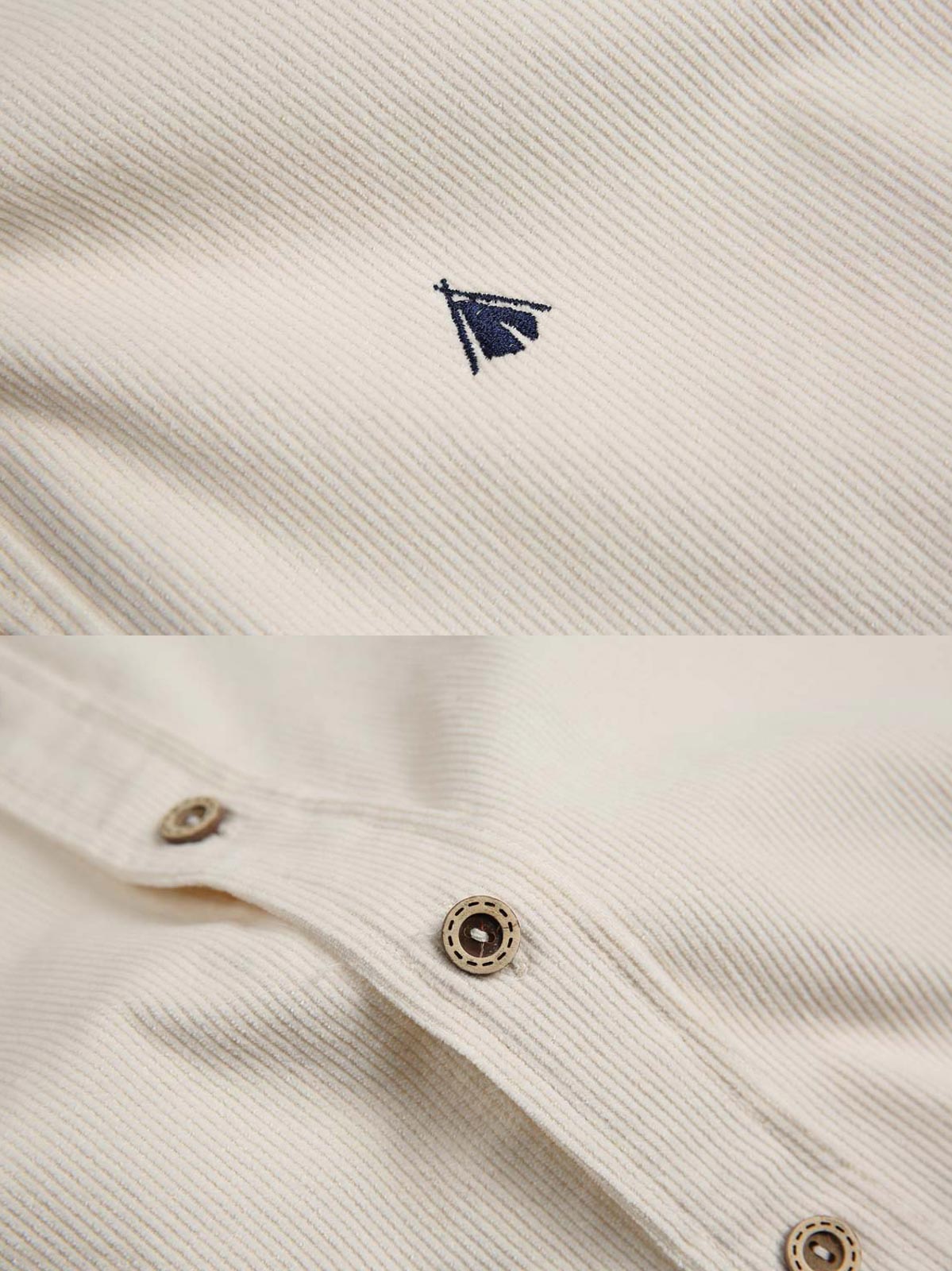 製品画像
ウォッシュ加工が施されたヴィンテージ感あふれるシャツ全体図。柔らかな生地の質感とココナッツ製ボタンの自然な風合いが際立つデザインで、ネイティブアメリカンのトーテム刺繍がアクセント
詳細画像
天然のココナッツ製ボタンと、背面に丁寧に施されたインディアンテントモチーフのトーテム刺繍のディテール。ウォッシュ加工による独特のヴィンテージ感と、18針/3cmの高密度縫製が美しい仕上がりを実現