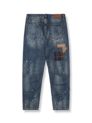 タータン パッチワーク ストレート デニムパンツ