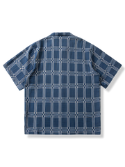 キューバカラー ブルー チェック柄 シャツ