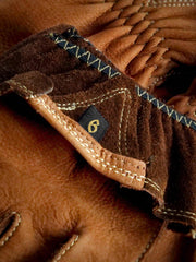 製品画像: 高品質スエードレザー製のベアクロウライディンググローブ全体画像
詳細画像: 手の甲と手のひらに施された補強縫製デザインのクローズアップ
