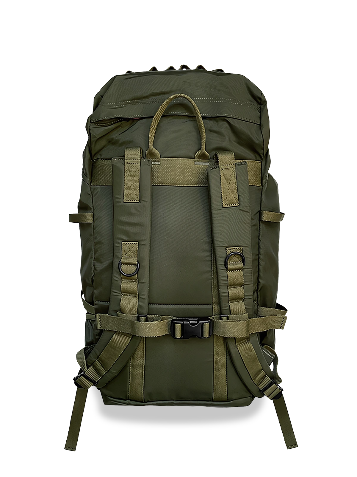 製品画像: ナイロン素材アウトドア登山用バックパックのフロント全体画像
詳細画像: 調整ベルトとトップのドローストリングデザインの詳細画像