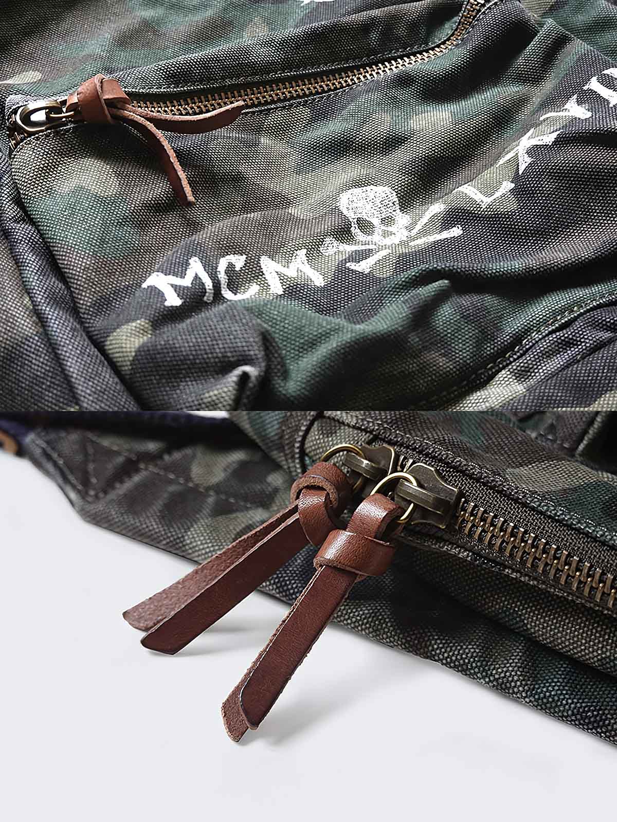 製品画像:ミリタリー風 グラフィティプリント ヴィンテージキャンバスバックパックの正面画像です。個性が際立つデザインです。
詳細画像:バックパックのフロント部分の詳細画像です。グラフィティプリントとダブルレイヤーキャンバス素材の質感が特徴です。