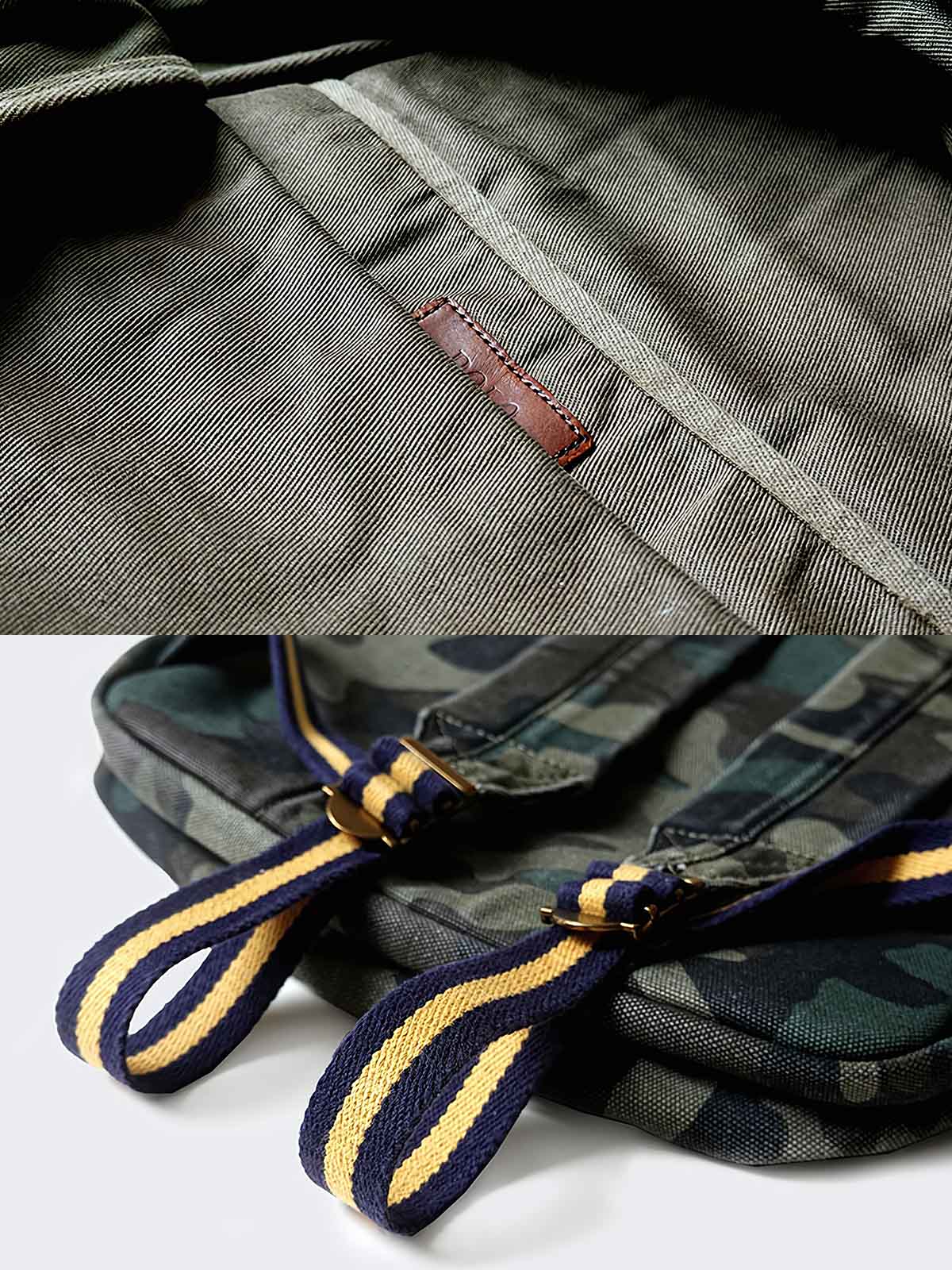 製品画像:ミリタリー風 グラフィティプリント ヴィンテージキャンバスバックパックの正面画像です。個性が際立つデザインです。
詳細画像:バックパックのフロント部分の詳細画像です。グラフィティプリントとダブルレイヤーキャンバス素材の質感が特徴です。