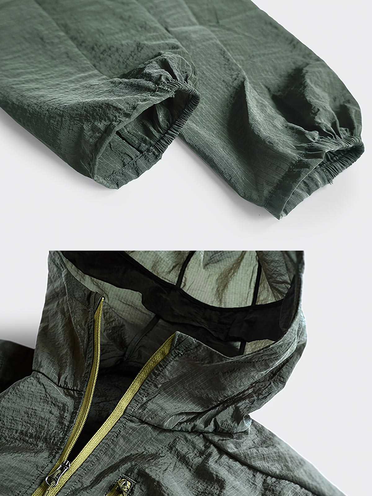 製品画像:超軽量ナイロン アウトドア ウィンドシェルの正面画像です。撥水加工が施されたデザインです。
詳細画像:超軽量ナイロン ウィンドシェルの撥水加工部分の詳細画像です。水滴を弾く様子が確認できます。