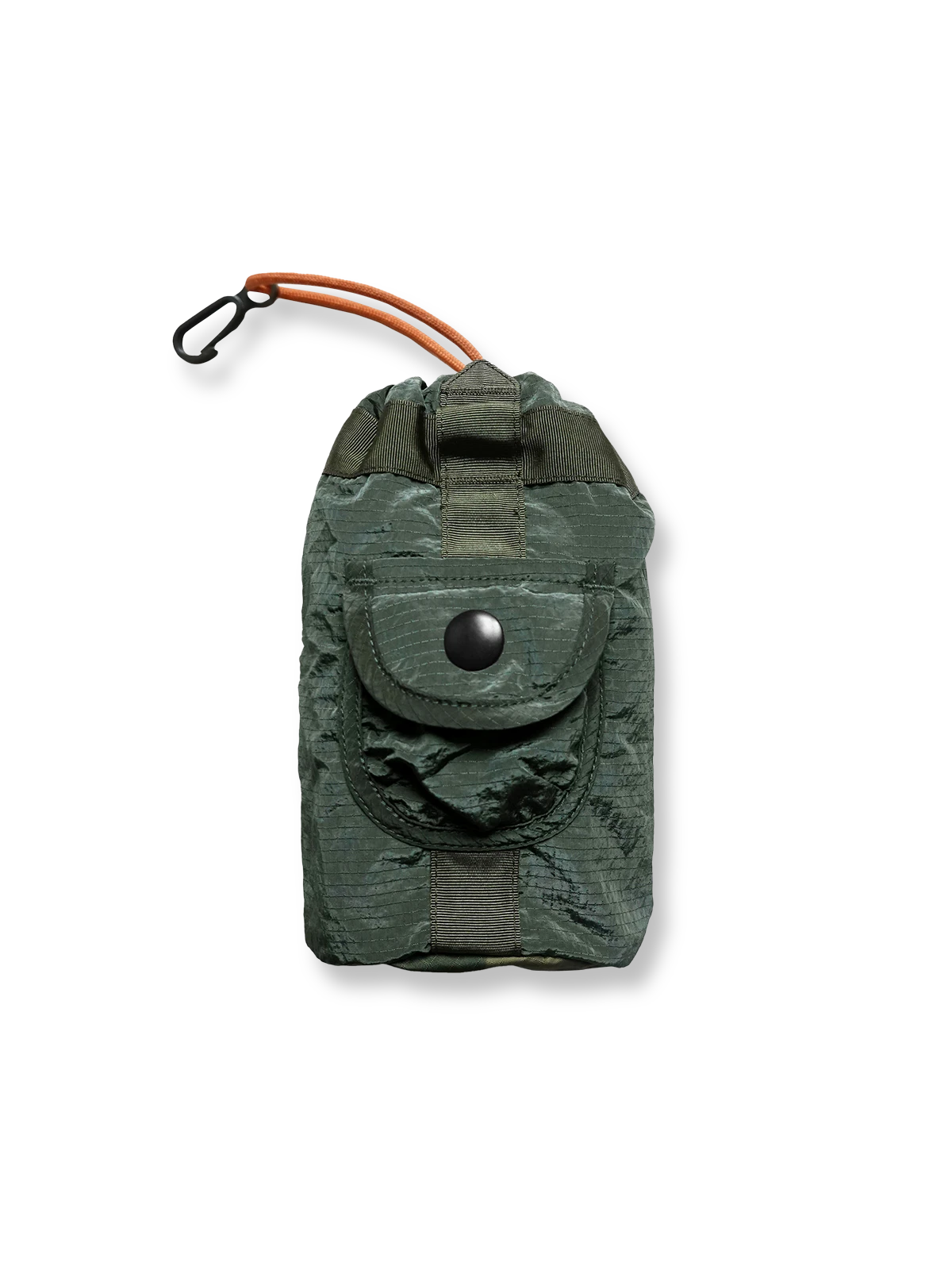 製品画像:リメイク軽量メッシュナイロン アウトドア収納バッグの正面画像です。機能的かつ軽量なデザインが特長です。
詳細画像:収納バッグのスナップポケットとドローストリング部分の詳細画像です。小物収納と素早い取り出しが可能なデザインです。