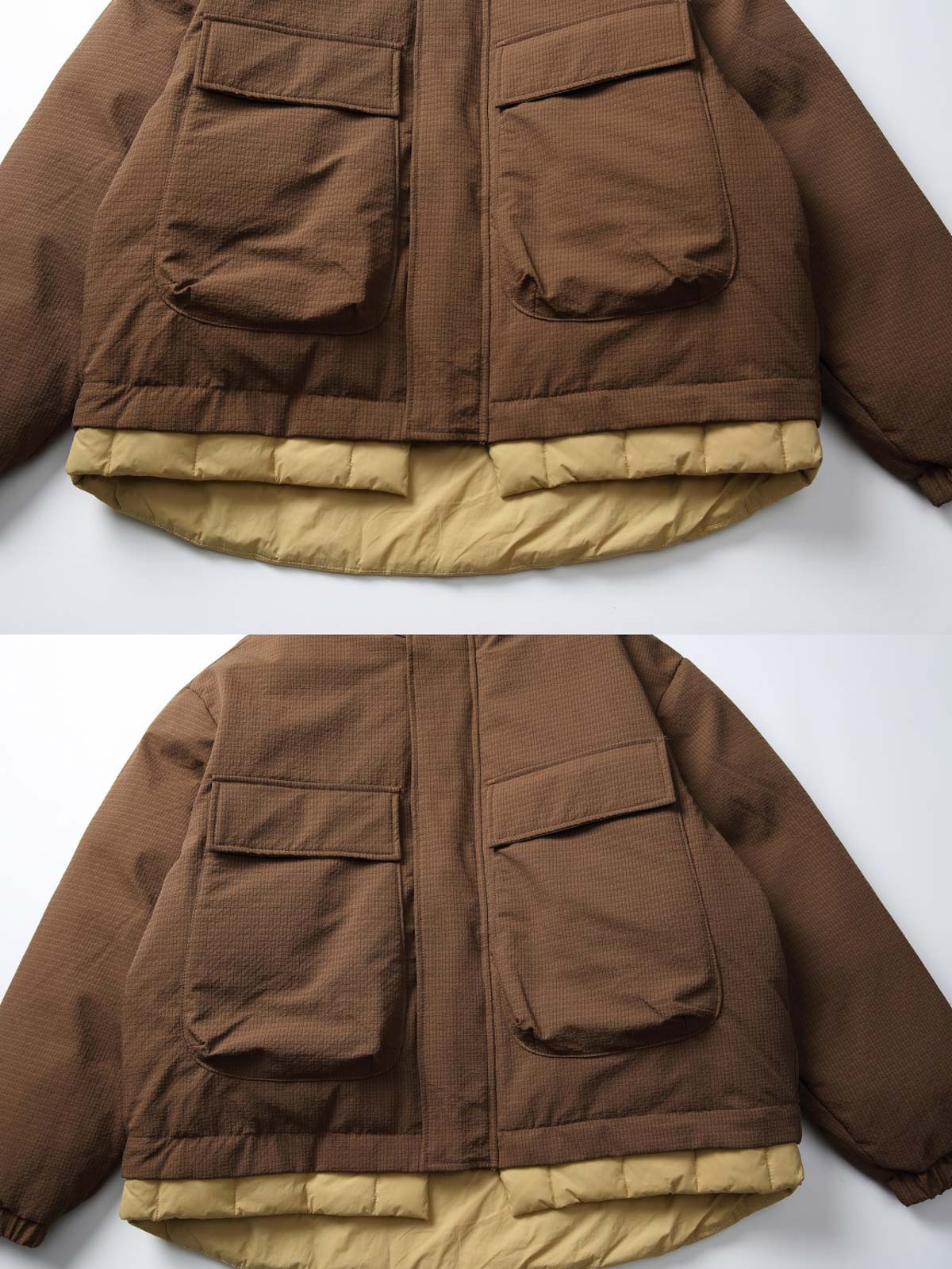 製品画像:
「立体ポケットとレイヤード風デザインを採用したフード付き中綿ジャケットの正面全体展示図。厚手生地と中綿裏地により抜群の保温性を提供し、ルーズフィットシルエットが防風性と快適さを両立。冬のアウトドアや通勤に最適な一着。」
詳細画像:
「フード付き中綿ジャケットのディテールクローズアップ。立体ポケットのデザインや、裾部分に施されたダブルレイヤーディテール、防風性能を高めるゴム仕様の袖口が特徴。」