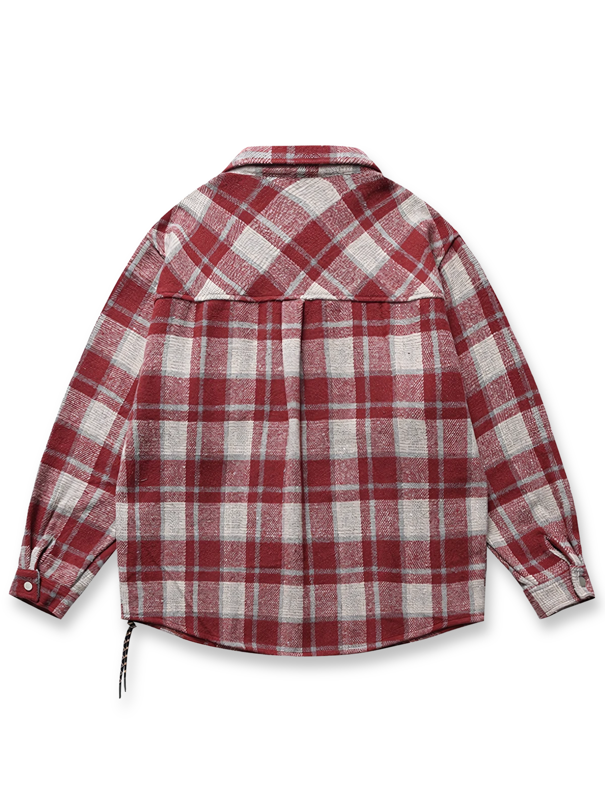 製品画像: 冬の防寒にも適したレッド系チェック柄の厚手ウール混シャツ全体像、クラシックなデザインが魅力。
詳細画像: 高い保温性を誇る厚手ウール混素材と、現代的なループディテールをクローズアップ。