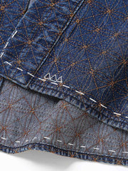 製品画像
「刺し子刺繍 はんてん風 デニムジャケットの正面全体図。日本の伝統技法である刺し子刺繍を採用し、和風はんてんスタイルとモダンなデザインが融合。高品質なインディゴデニム素材で耐久性と快適さを両立し、ヴィンテージ感あふれるタイムレスな一着。」
詳細画像
「刺し子刺繍 はんてん風 デニムジャケットのディテール特写。緻密に施された刺し子刺繍模様が職人技を際立たせ、天然貝ボタンがデザインの洗練されたアクセントに。落ち着いたインディゴデニムの色合いが、伝統美と現代的な要素を引き立てている。」
