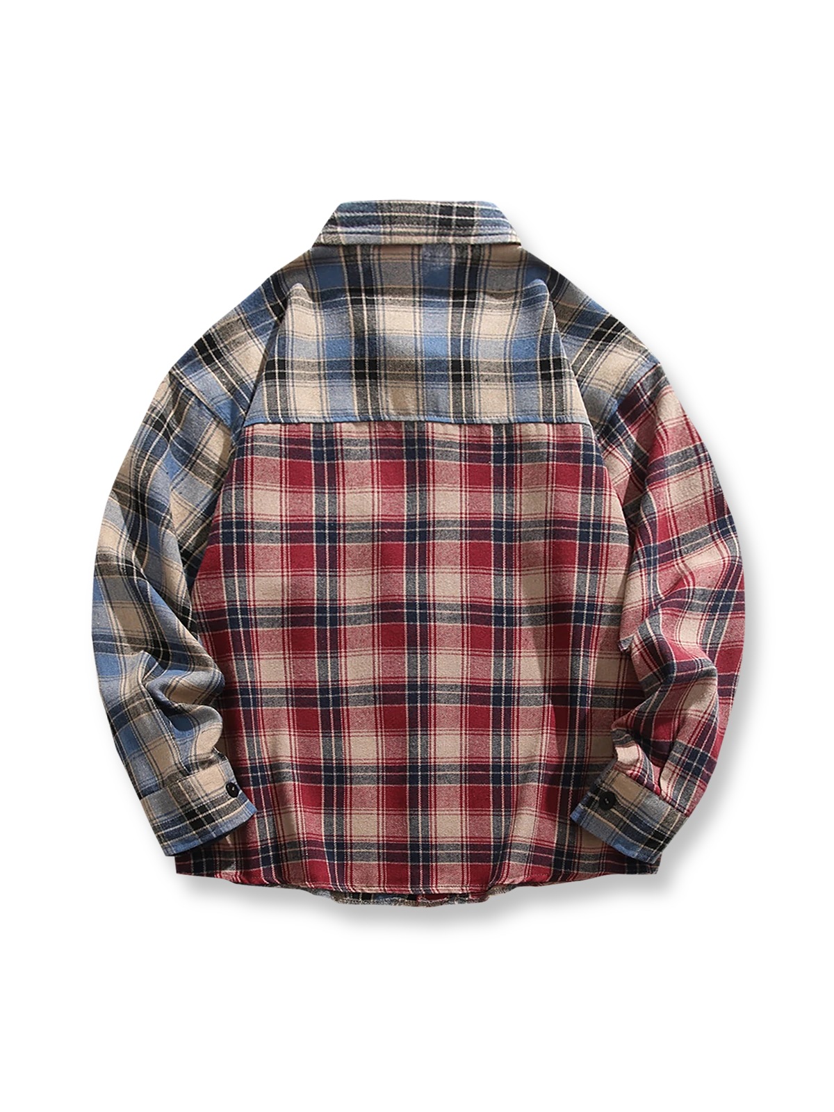 製品画像:
「バイカラー パッチワーク チェック柄 長袖シャツ全体の展示図。異なる配色のチェック柄を組み合わせたヴィンテージ感あふれるデザインで、バイカラーパッチワークと独特なカッティングが際立つ一着。高品質コットン素材で、快適な着心地を提供します。」
詳細画像:
「胸元のフラップポケットとバイカラーパッチワークチェック柄のディテール特写。視覚的なコントラストを強調し、ポケットデザインとテクスチャーがシャツ全体の立体感を引き立てます。」