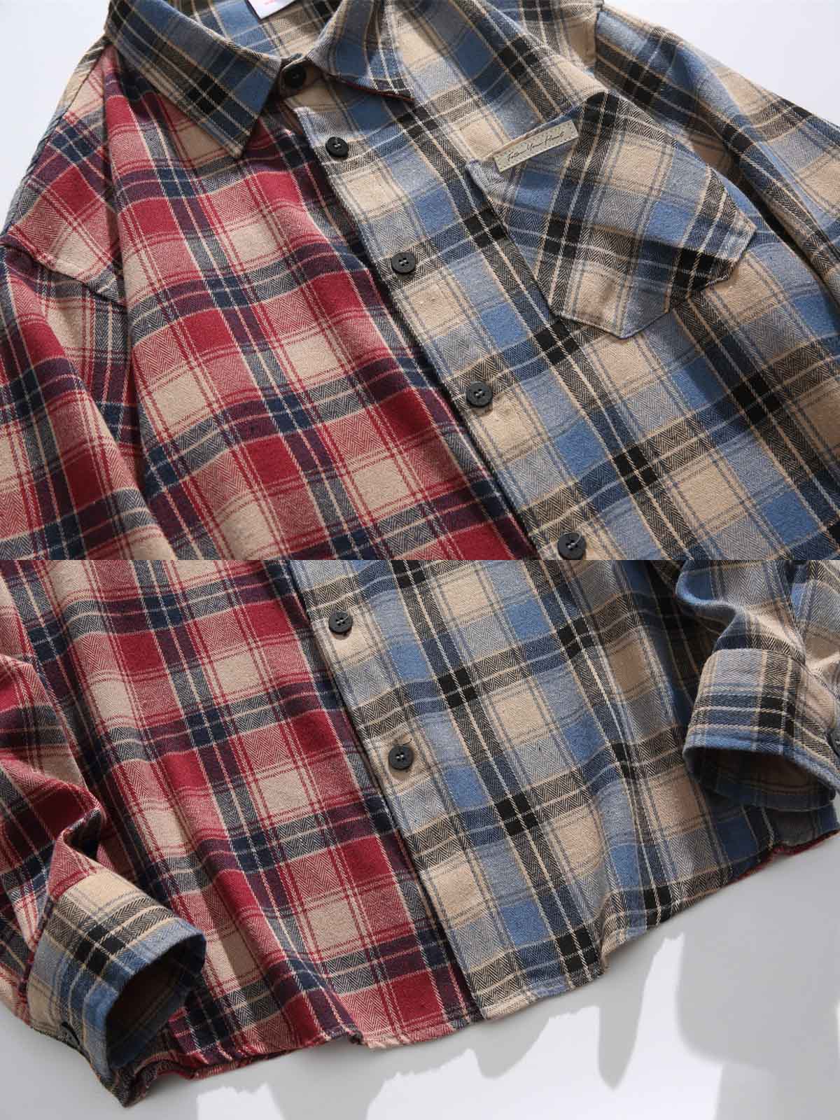 製品画像:
「バイカラー パッチワーク チェック柄 長袖シャツ全体の展示図。異なる配色のチェック柄を組み合わせたヴィンテージ感あふれるデザインで、バイカラーパッチワークと独特なカッティングが際立つ一着。高品質コットン素材で、快適な着心地を提供します。」
詳細画像:
「胸元のフラップポケットとバイカラーパッチワークチェック柄のディテール特写。視覚的なコントラストを強調し、ポケットデザインとテクスチャーがシャツ全体の立体感を引き立てます。」