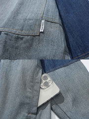 製品画像
「ヴィンテージ感漂うデニム素材とバイカラーパッチワークデザインが特徴のシャツ全体展示図。大胆な配色でヴィンテージとモダンスタイルが完璧に融合。」
詳細画像
「金属製スナップボタンとバイカラーパッチワークのディテール特写。デザイン性と実用性を兼ね備えたアクセントが全体のスタイルを引き立てます。」