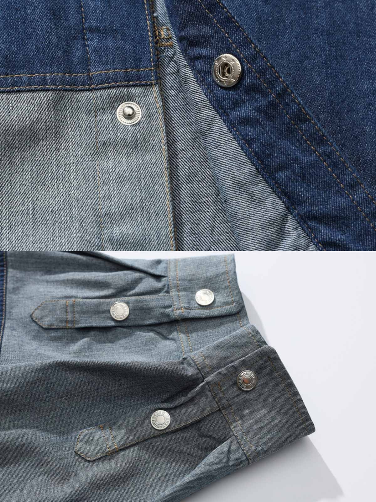 製品画像
「ヴィンテージ感漂うデニム素材とバイカラーパッチワークデザインが特徴のシャツ全体展示図。大胆な配色でヴィンテージとモダンスタイルが完璧に融合。」
詳細画像
「金属製スナップボタンとバイカラーパッチワークのディテール特写。デザイン性と実用性を兼ね備えたアクセントが全体のスタイルを引き立てます。」