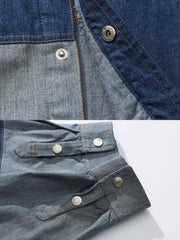 製品画像
「ヴィンテージ感漂うデニム素材とバイカラーパッチワークデザインが特徴のシャツ全体展示図。大胆な配色でヴィンテージとモダンスタイルが完璧に融合。」
詳細画像
「金属製スナップボタンとバイカラーパッチワークのディテール特写。デザイン性と実用性を兼ね備えたアクセントが全体のスタイルを引き立てます。」