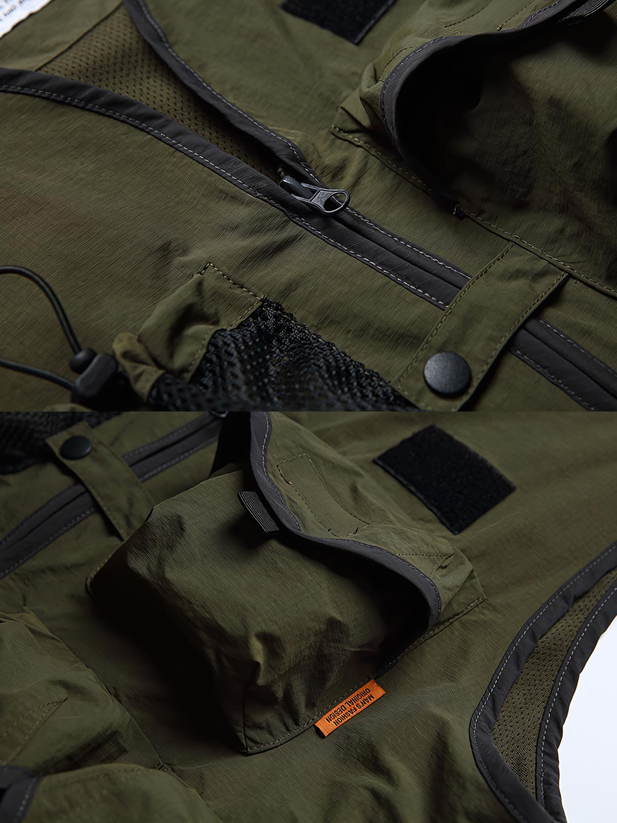 製品画像
「渓流釣り用の多機能撥水ベストの全体展示図。100%ナイロン素材を使用し、優れた撥水機能と高い耐久性を兼ね備え、さまざまなアウトドア環境に対応できるデザインが特徴。多ポケットデザインで、必要な装備を簡単に収納できる便利さを提供します。」
詳細画像
「ベストの多ポケットディテールと撥水性能を示す特写。収納力に優れたポケットと、撥水機能がしっかりと組み込まれ、渓流釣りやその他のアウトドア活動で快適に使用できる仕様です。」