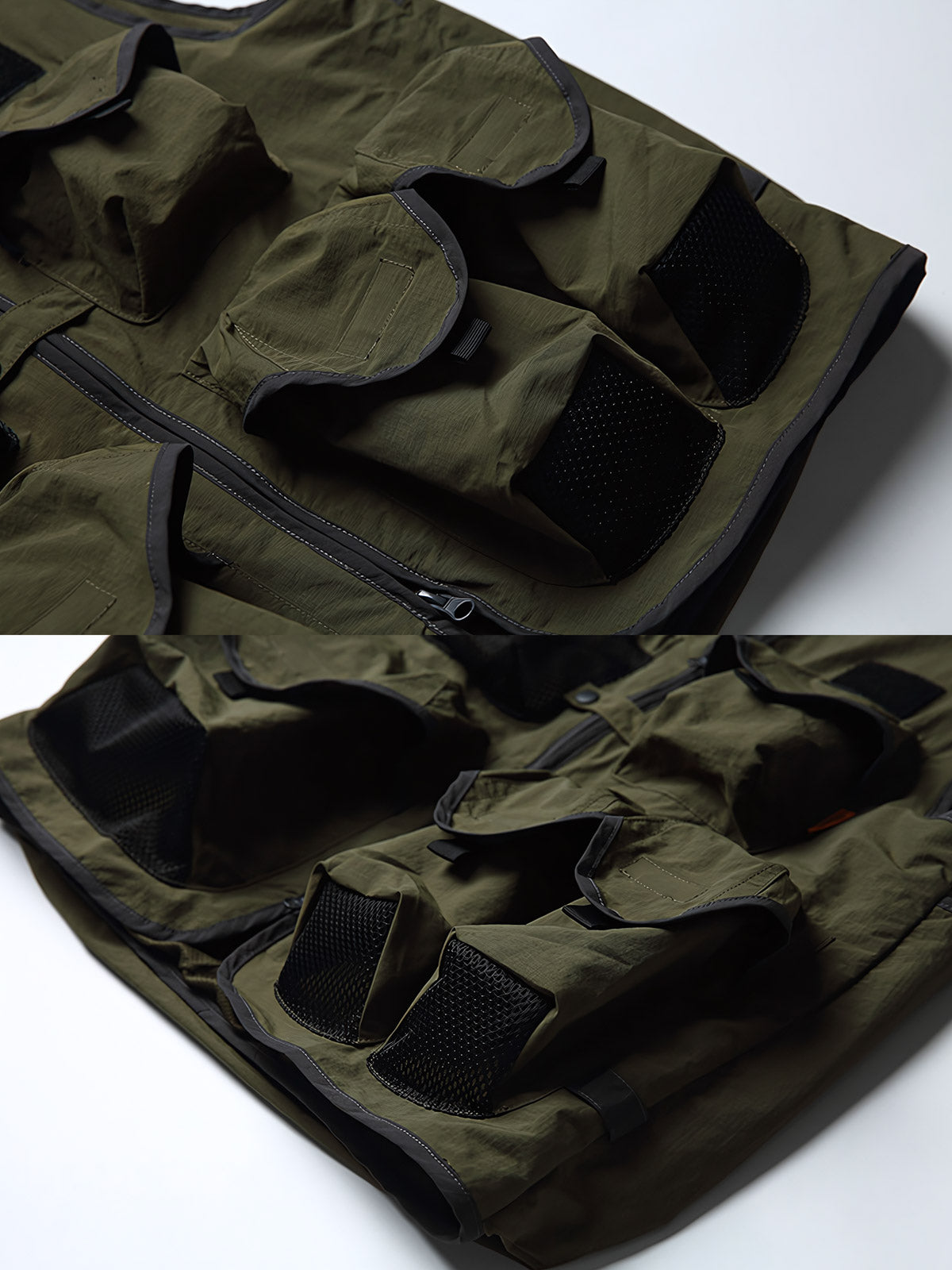 製品画像
「渓流釣り用の多機能撥水ベストの全体展示図。100%ナイロン素材を使用し、優れた撥水機能と高い耐久性を兼ね備え、さまざまなアウトドア環境に対応できるデザインが特徴。多ポケットデザインで、必要な装備を簡単に収納できる便利さを提供します。」
詳細画像
「ベストの多ポケットディテールと撥水性能を示す特写。収納力に優れたポケットと、撥水機能がしっかりと組み込まれ、渓流釣りやその他のアウトドア活動で快適に使用できる仕様です。」