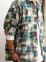 製品画像
「Patchwork Boroパッチワーク 長袖シャツの全体展示図。ヴィンテージ感漂うグリーンカラーとハンドメイドのBoroパッチワーク技法が融合したデザイン。個性的でエレガントな雰囲気が特徴。」
詳細画像
「パッチワークのディテールとグリーン基調の生地の特写。多様なチェック柄生地を組み合わせた、自然な手作り感とヴィンテージ感を強調したデザイン。」