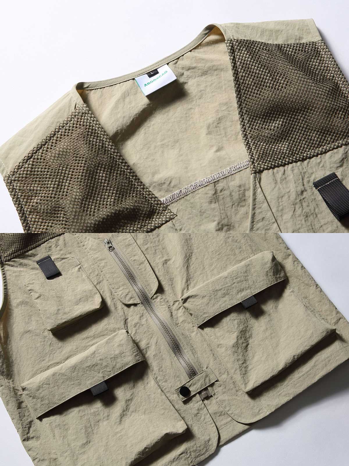 製品画像
「多機能メッシュパッチワークベストの全体展示図。ナイロン素材とポリエステルメッシュパッチワークデザインが融合し、アウトドア愛好者に最適な軽量で実用的なベスト。」
詳細画像
「胸元のフラップポケットとメッシュパッチワーク部分のディテール特写。通気性と耐久性を兼ね備えたポケットデザインが特徴。」