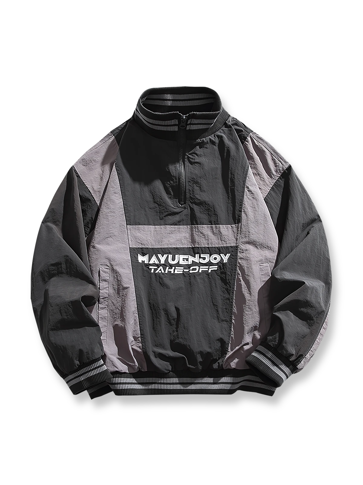 製品画像: バイカラー パッチワーク ハーフジップ ワイドシルエット プルオーバージャケット、軽量で防風性と通気性を備えたデザイン。レトロなカジュアルスタイルにぴったりの日常やアウトドア向けジャケットの正面全体展示図。
詳細画像: クラシックなバイカラーパッチワークとスムーズな着脱を可能にするハーフジップ仕様、伸縮性のある袖口の防風ディテールクローズアップ。