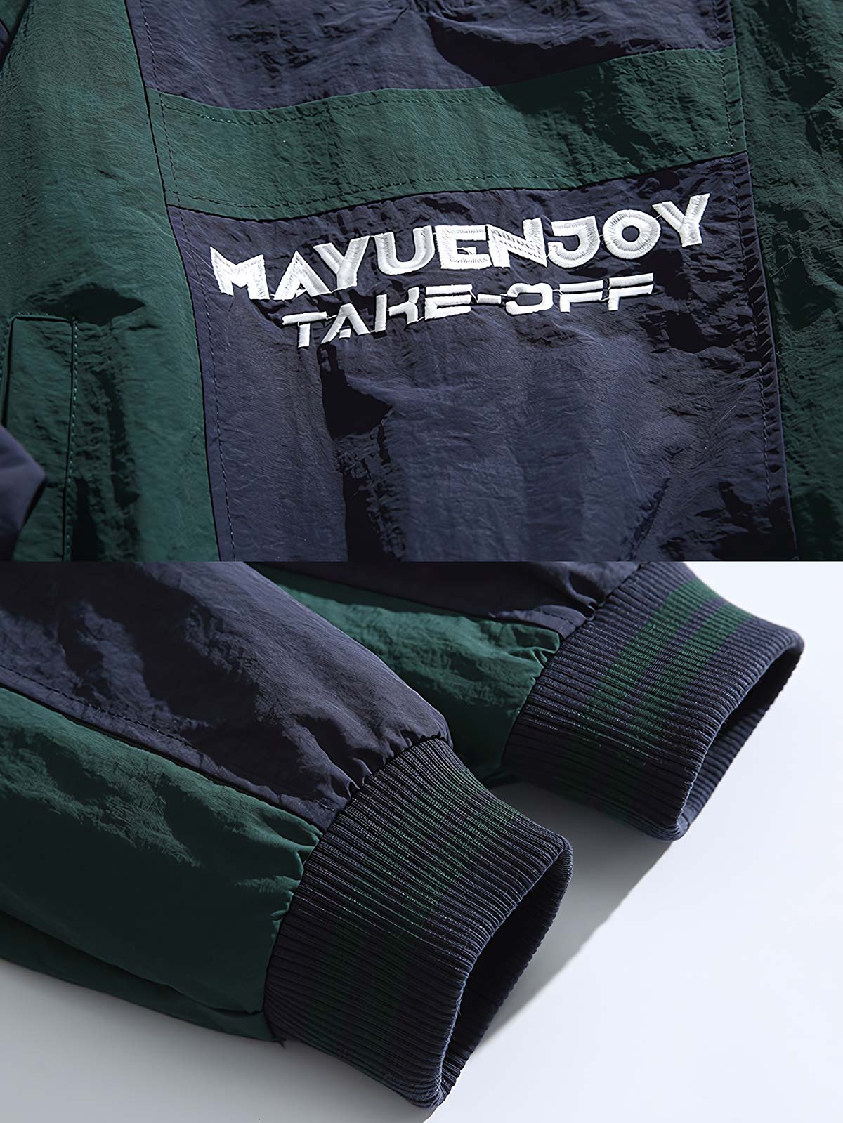 製品画像: バイカラー パッチワーク ハーフジップ ワイドシルエット プルオーバージャケット、軽量で防風性と通気性を備えたデザイン。レトロなカジュアルスタイルにぴったりの日常やアウトドア向けジャケットの正面全体展示図。
詳細画像: クラシックなバイカラーパッチワークとスムーズな着脱を可能にするハーフジップ仕様、伸縮性のある袖口の防風ディテールクローズアップ。