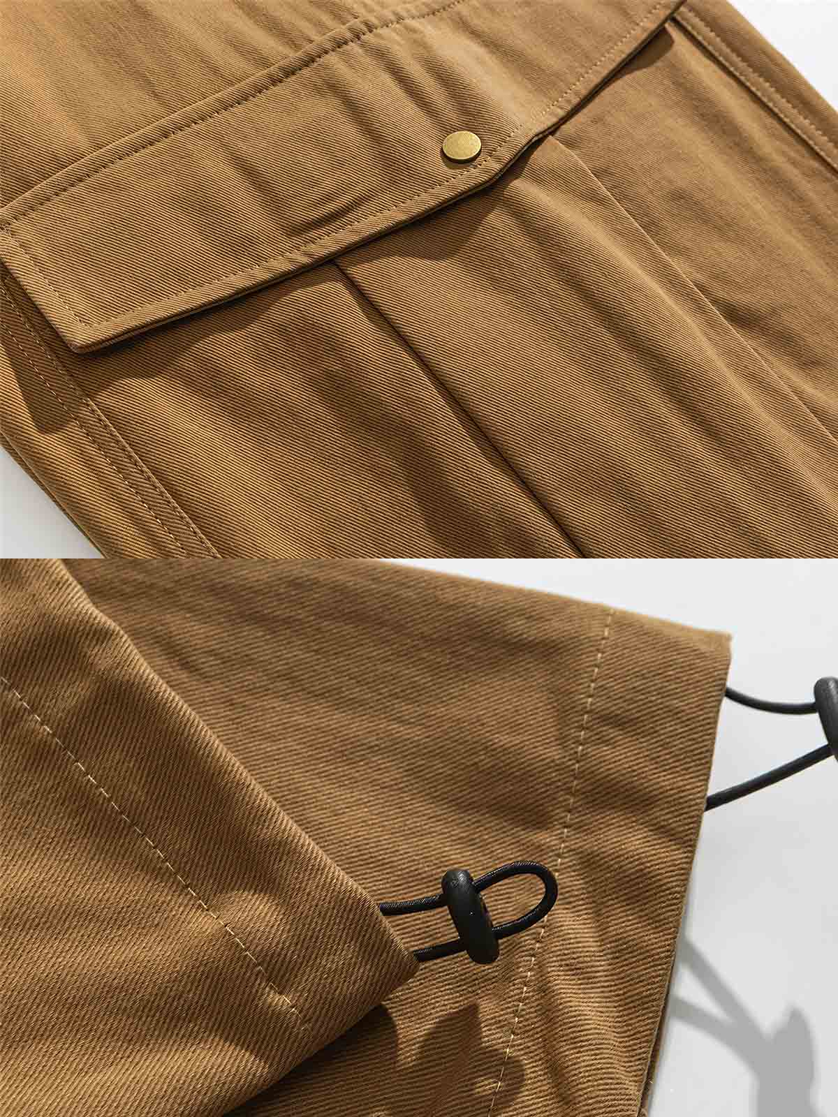 製品画像
「ビッグポケットとワイドレッグデザインが特徴のパンツ全体展示画像。快適な履き心地と実用的なビッグポケットが融合し、レトロなワークウェア風デザインを表現。」
詳細画像
「ビッグポケットと裾に付いたドローコードのディテール特写。実用的でスタイリッシュなデザイン、裾のドローコードでフィット感を調整できる。」