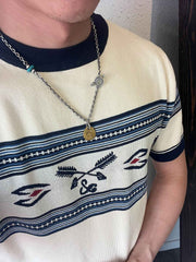 ナバホスタイル&ウェスタンカウボーイ柄 ニット半袖Tシャツ