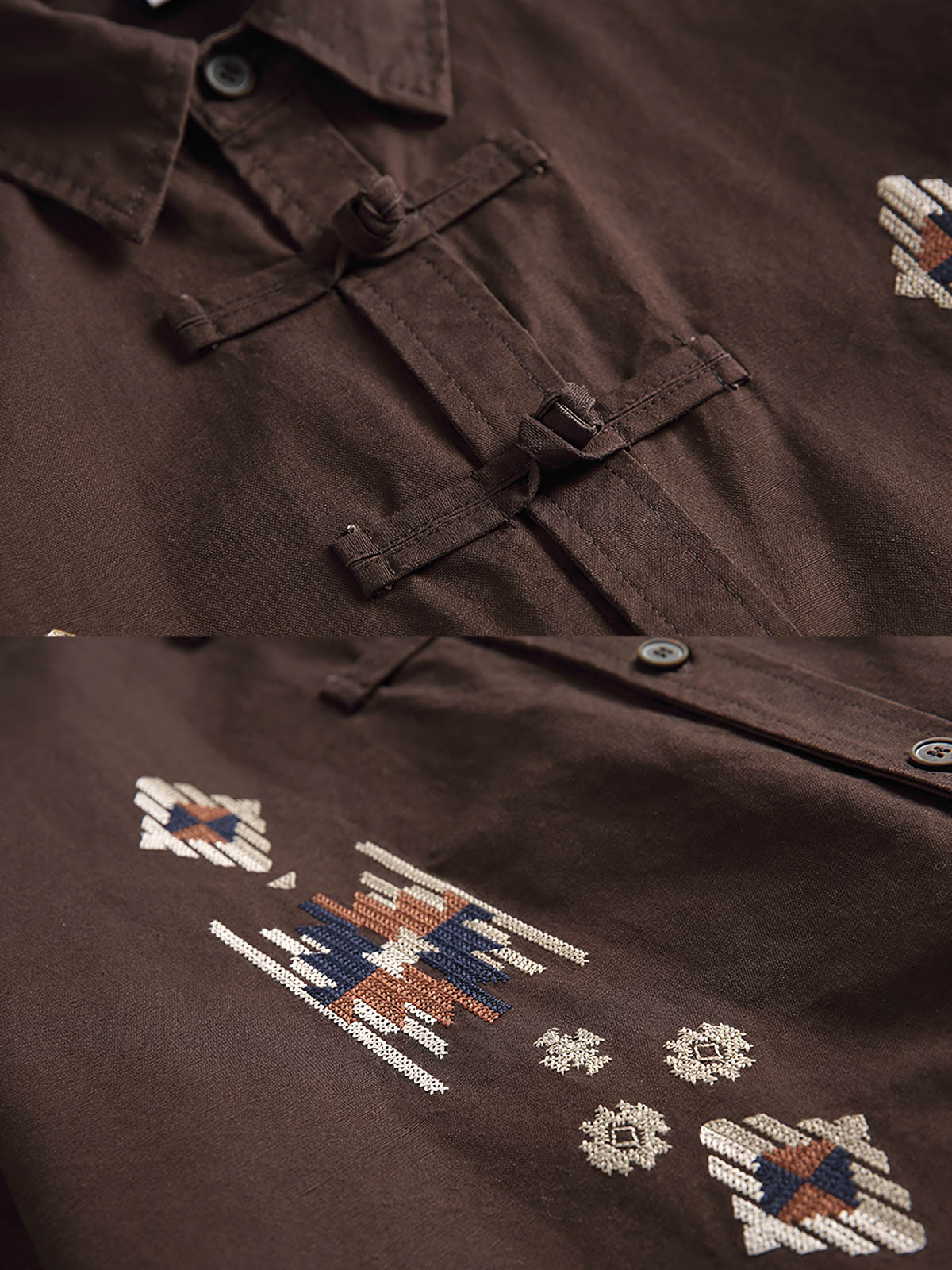 ナバホ民族の幾何学模様刺繍のディテール特写