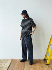 モデル着用Hemp Border Tee リネンオーガニックコットンストライプテクスチャーポケットTシャツのスタイリング例