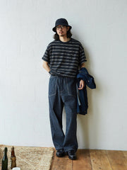 モデル着用Hemp Border Tee リネンオーガニックコットンストライプテクスチャーポケットTシャツのスタイリング例