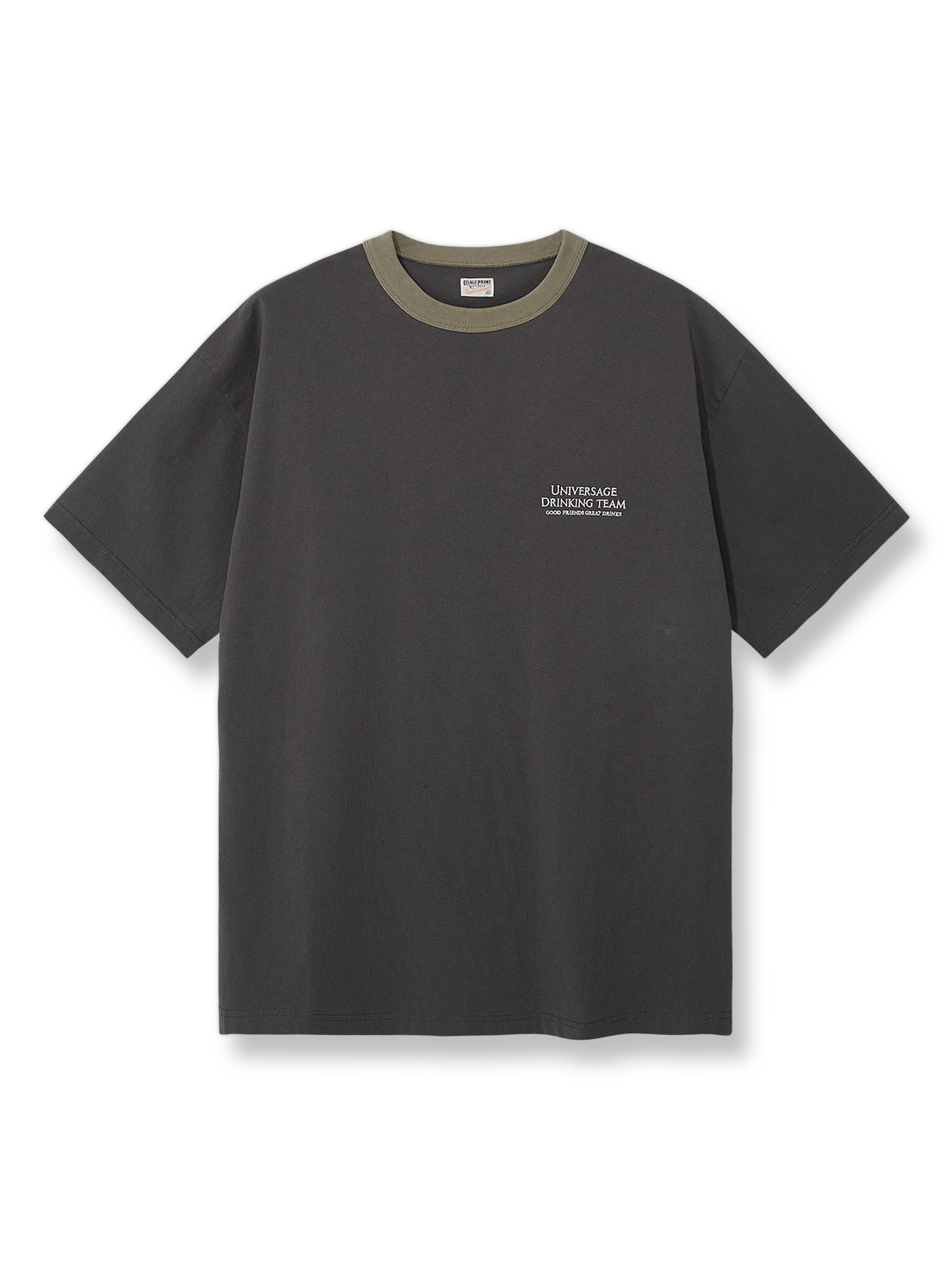 定番DRINKING TEAMシリーズプリントヴィンテージ快適コットンバインディングTシャツの正面図