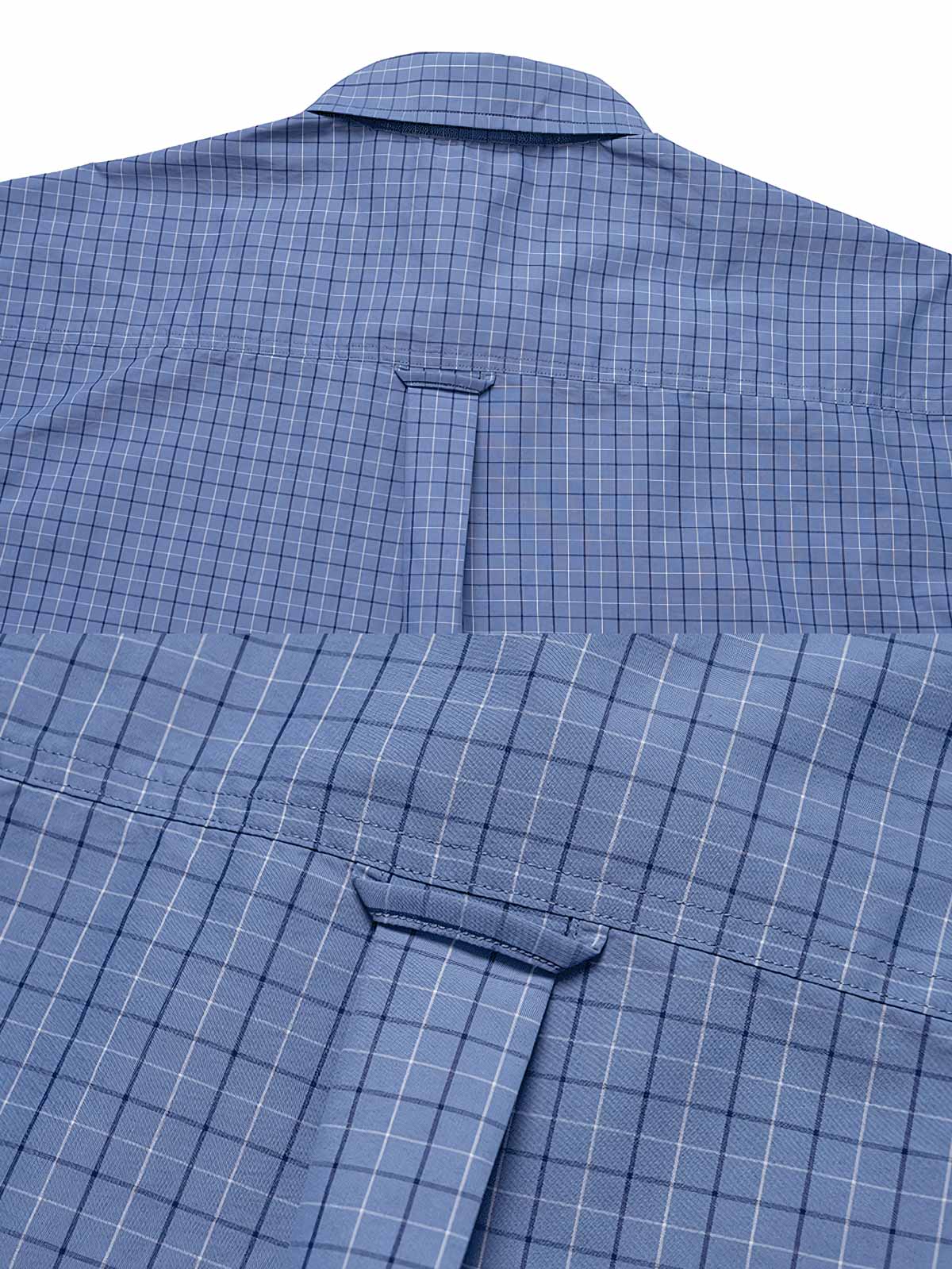 高密度チェック柄ルーズフィット半袖シャツのディテール展示図