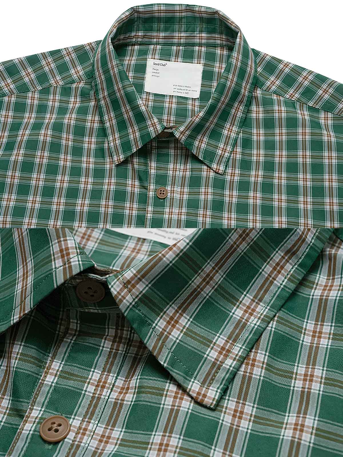 高密度チェック柄ルーズフィット半袖シャツのディテール展示図