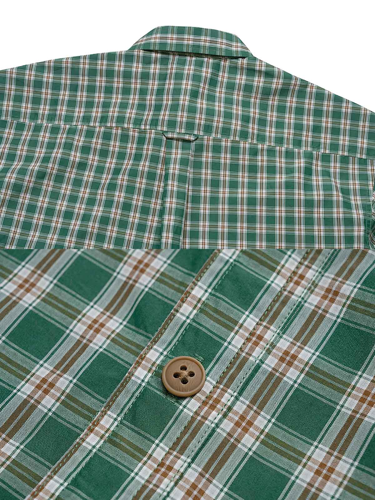 高密度チェック柄ルーズフィット半袖シャツのディテール展示図