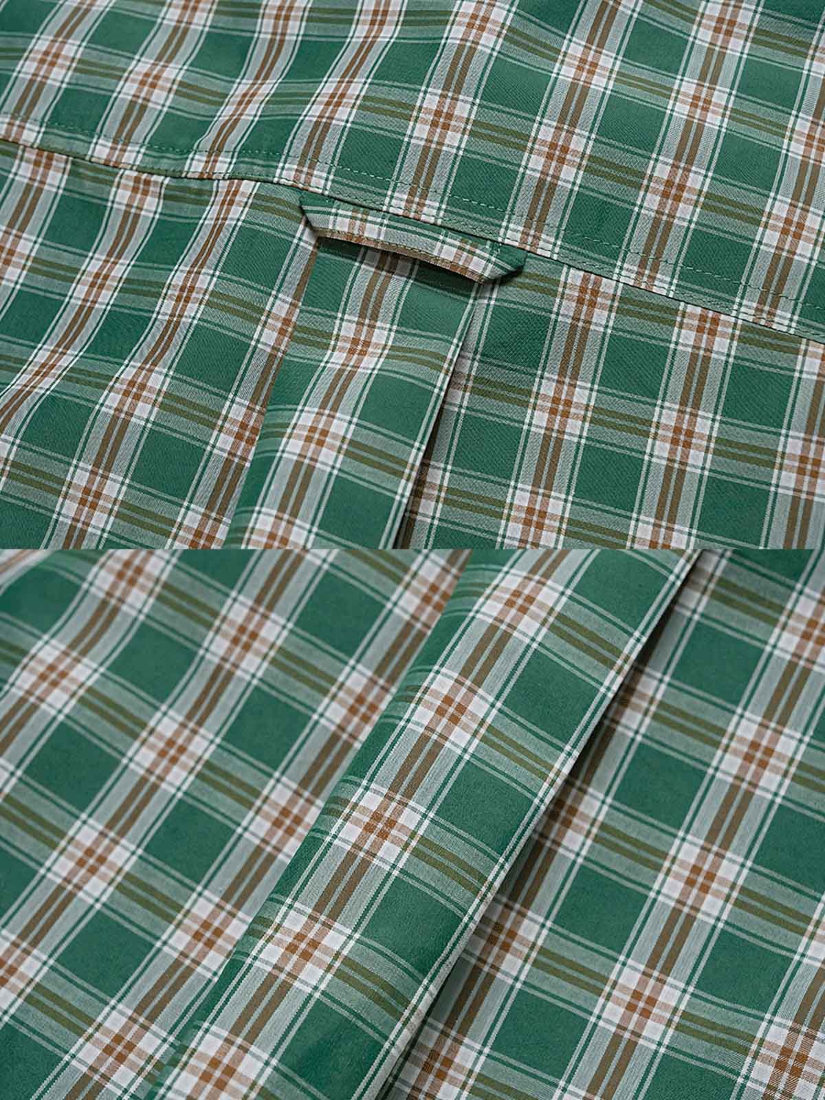 高密度チェック柄ルーズフィット半袖シャツのディテール展示図