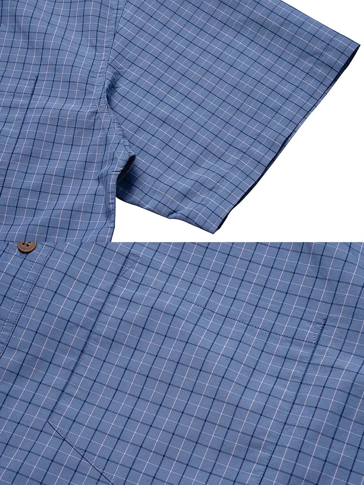 高密度チェック柄ルーズフィット半袖シャツのディテール展示図