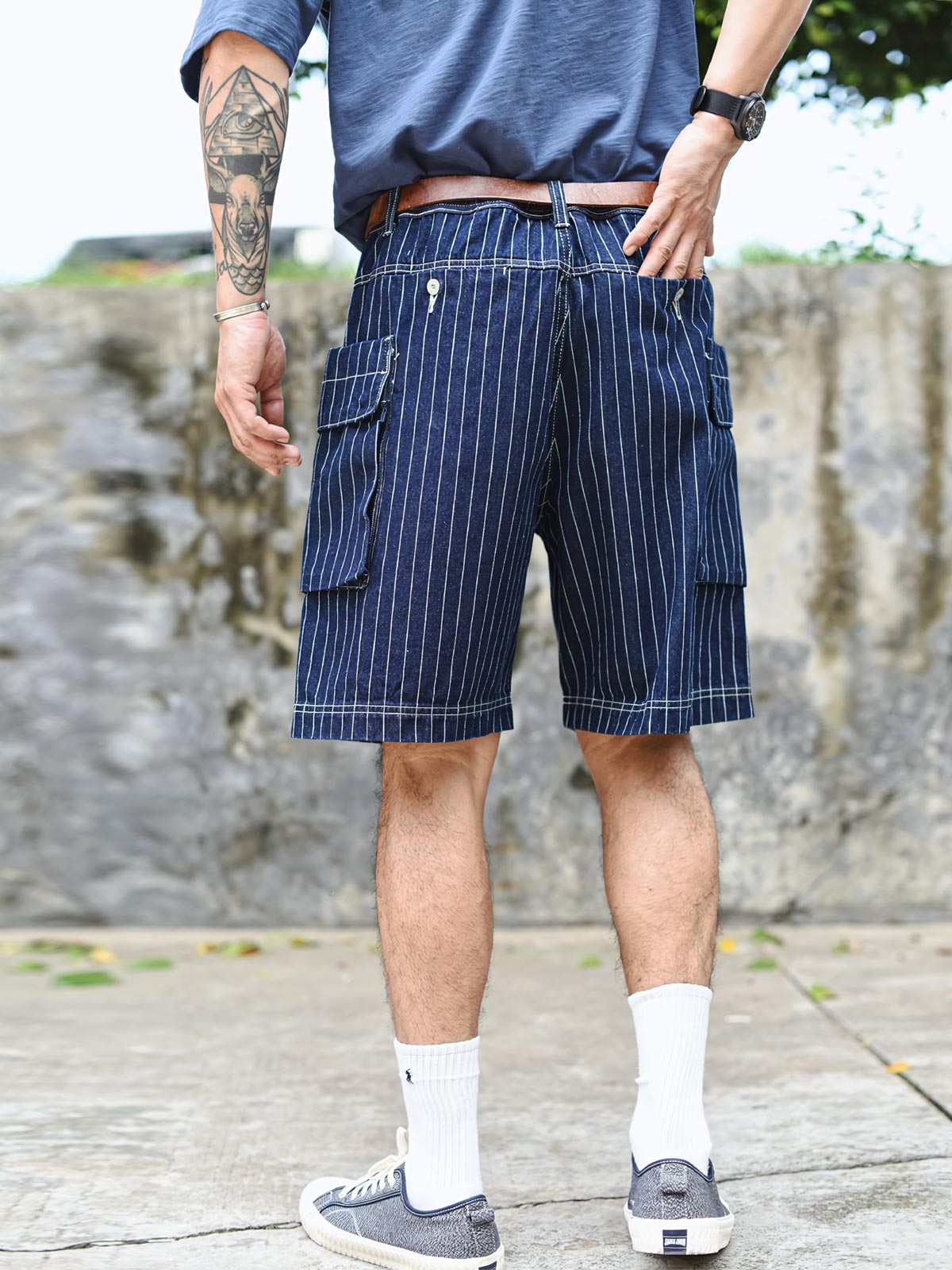 製品画像: ストライプサイドポケットカーゴショーツ反面展示