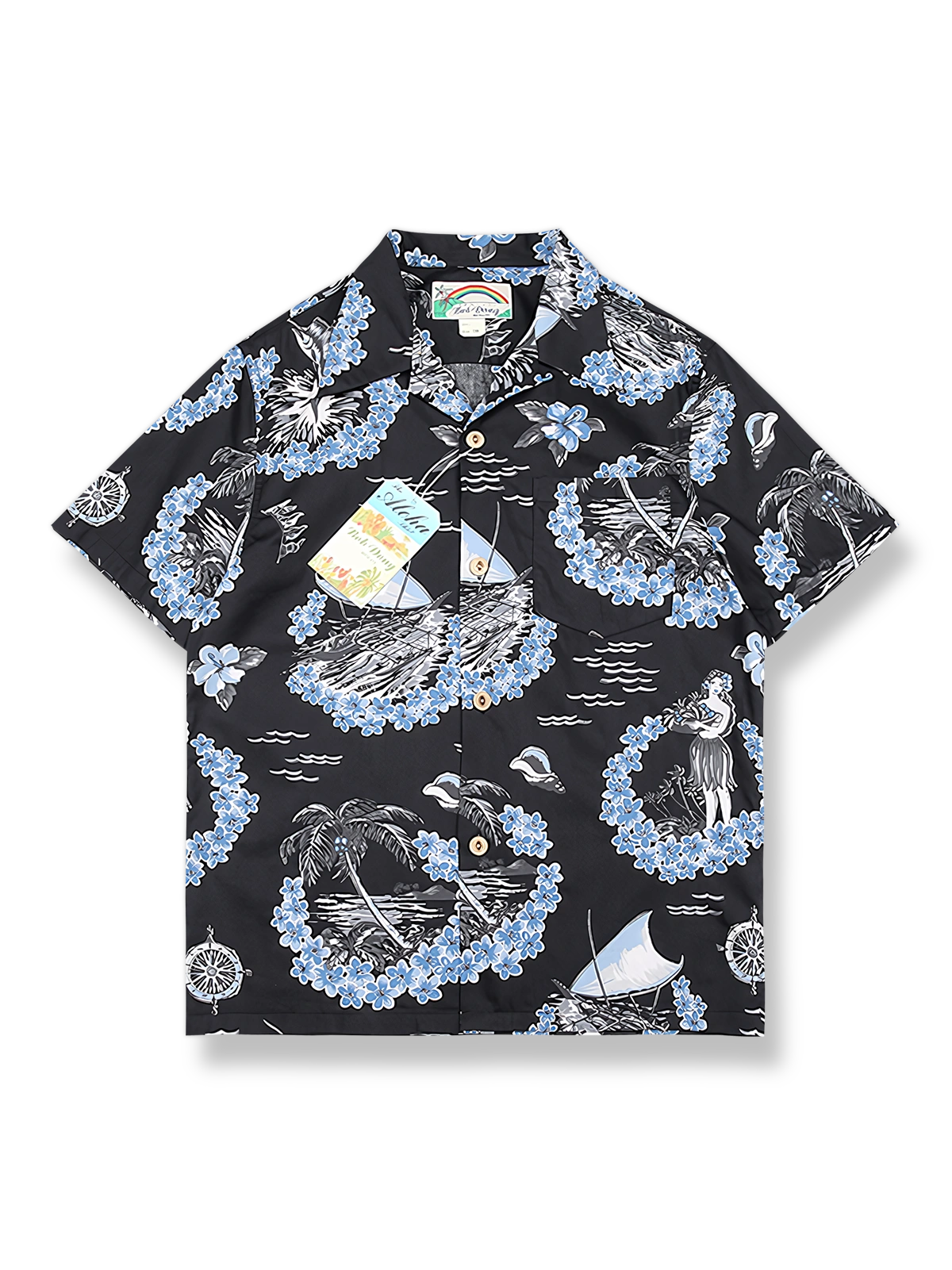 製品画像: 小島民族風とハイビスカス柄のハワイアン半袖シャツ全体像