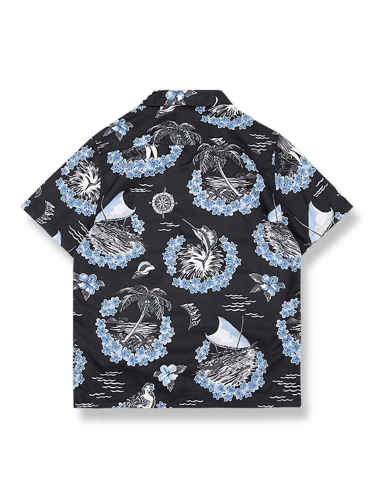 製品画像: 小島民族風とハイビスカス柄のハワイアン半袖シャツ全体像