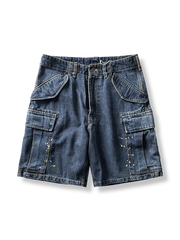 PESSOA CLUBペイントデザインヘビーオンスデニムワークショーツ全体図