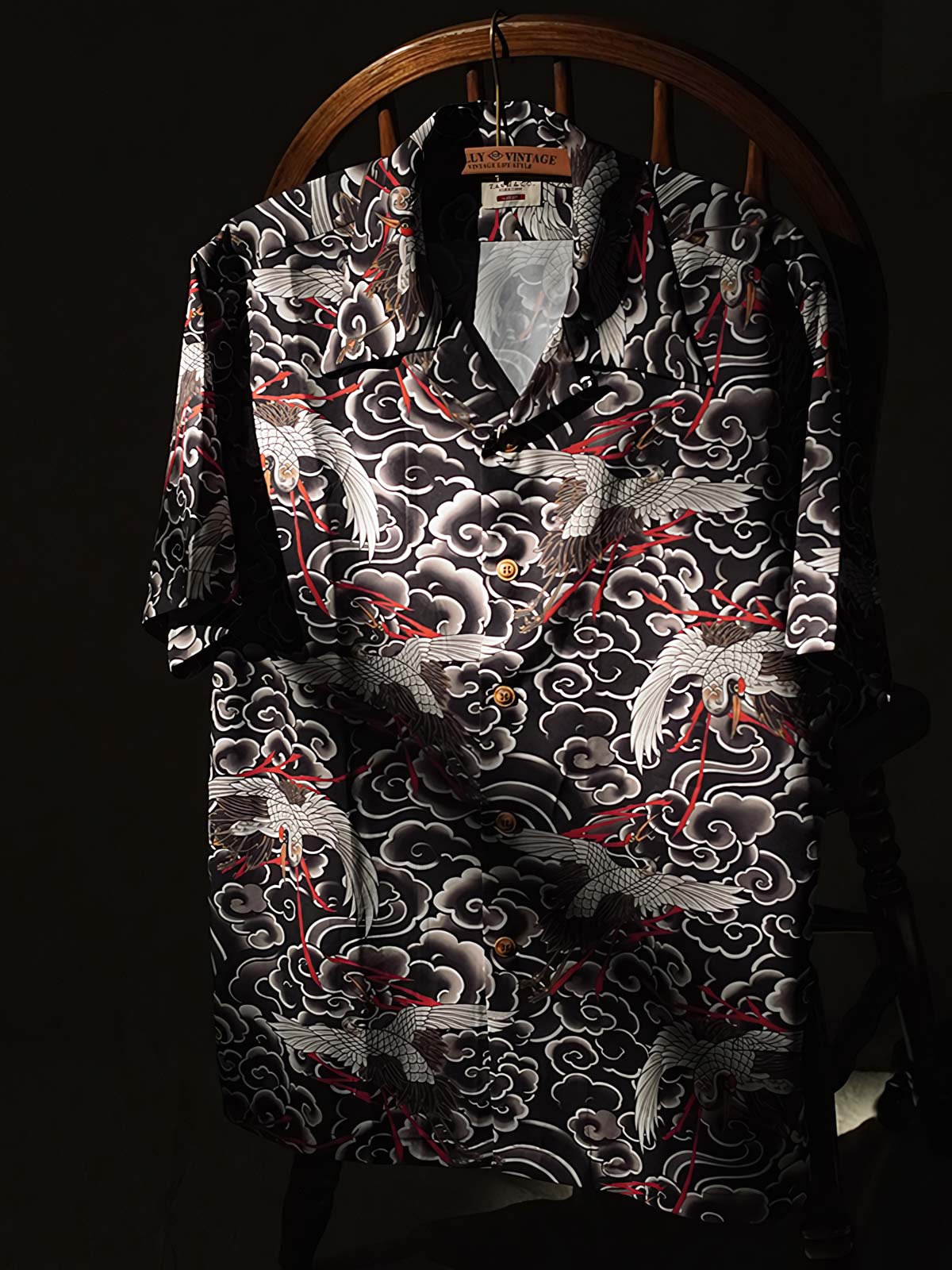 鶴の和柄半袖ハワイアンシャツ細部図